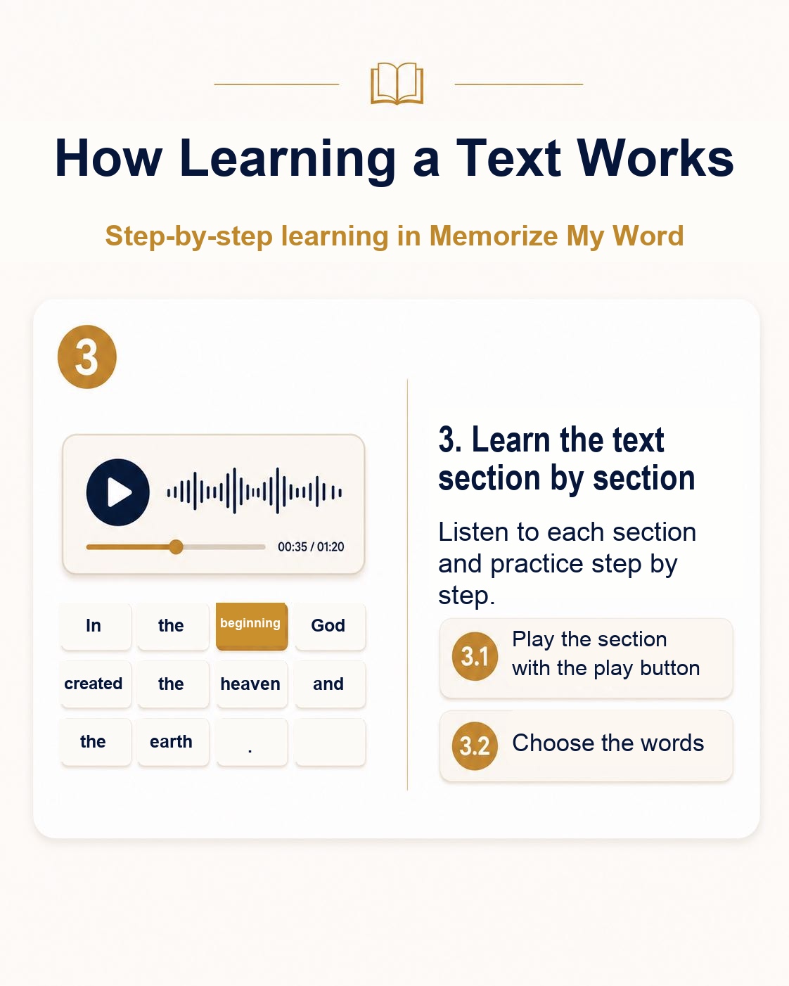 Step 3: Learn the text section by section. Listen and practice step by step.