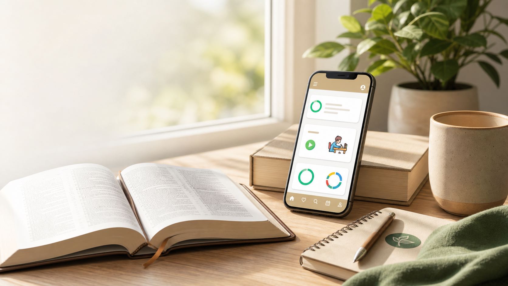 Open Bible, phone with learning screen, notebook and warm morning light.