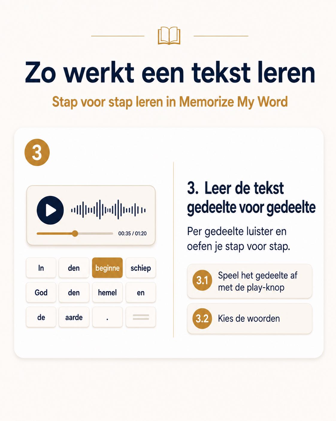 Stap 3: Leer de tekst gedeelte voor gedeelte. Luister en oefen stap voor stap.