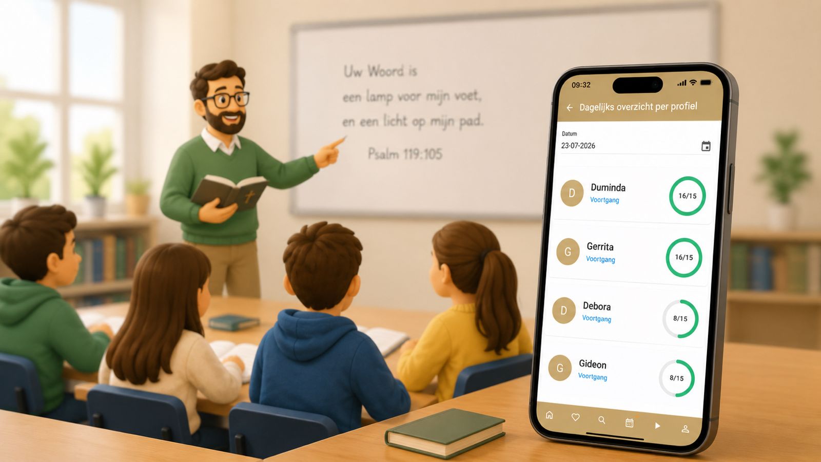 Teacher and students learning a Bible text together, with group progress in the app.
