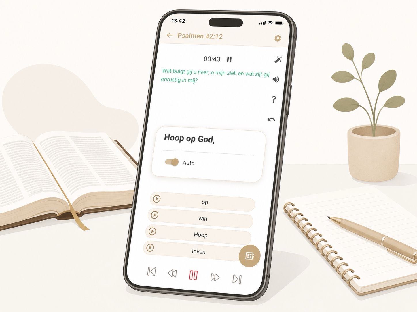 Memorize My Word learning screen with Bible text, audio and practice words.